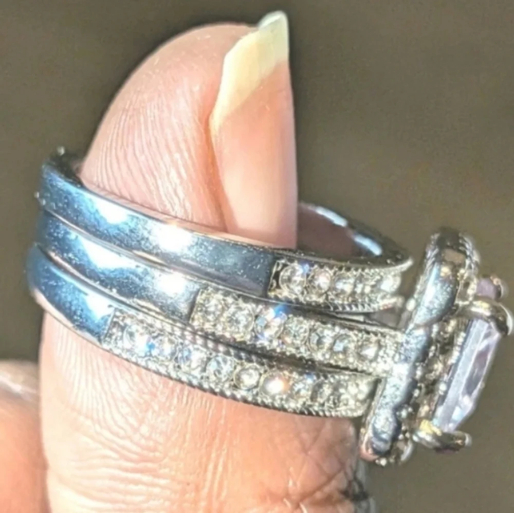 Womens 5ct Princess Cut Lab Created Diamond Halo Trio Wedding Ring Sz 7.5